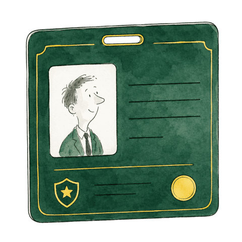 Watercolour illustration of a dark green identity badge with a photograph and a star shield