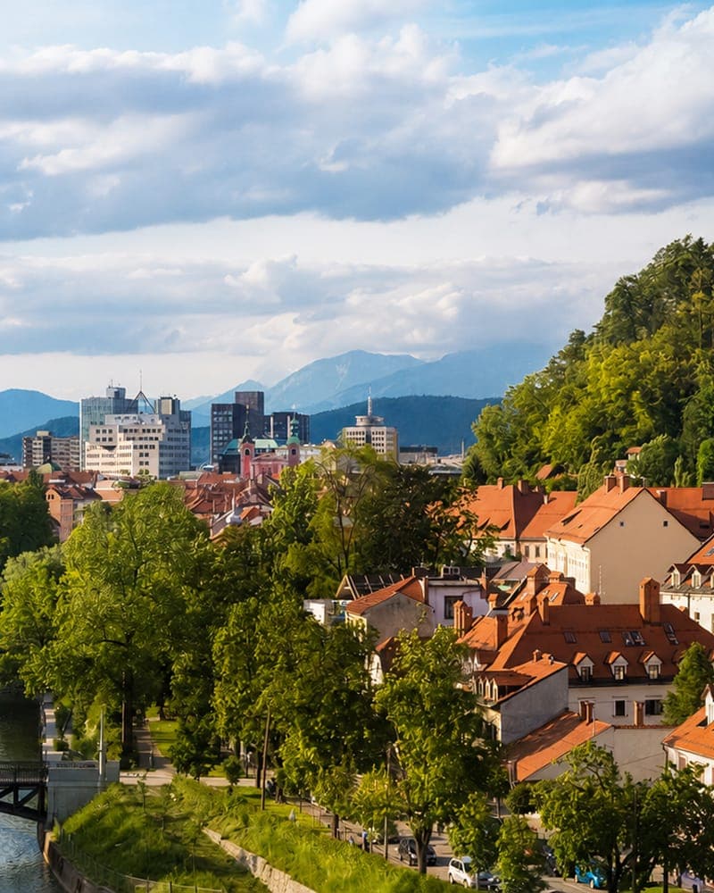 A leafy hillside above a river, tiled rooftops and a city skyline beyond under a wide, clouded sky