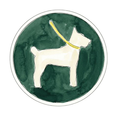 Watercolour illustration of a white dog on a dark green disc, wearing a gold collar and lead