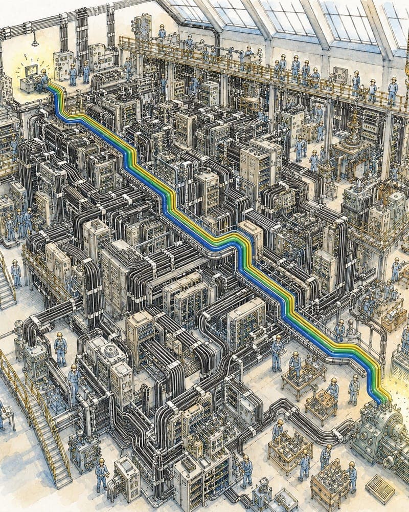 Watercolour cutaway of a vast industrial plant, one bright cable traced through the machinery from end to end
