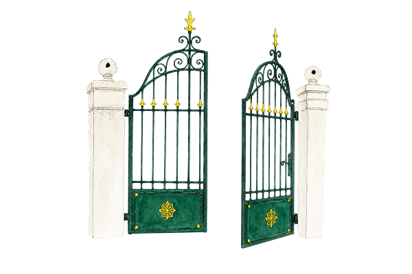 Watercolour illustration of a pair of open wrought-iron gates