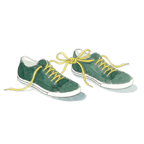 Watercolour illustration of a pair of dark green trainers with yellow laces