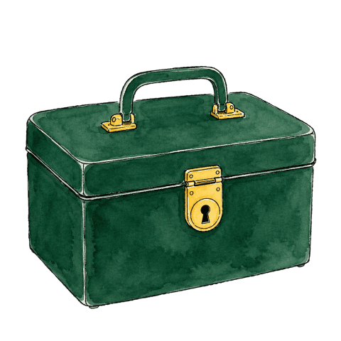 Watercolour illustration of a dark green vanity case with a gold clasp
