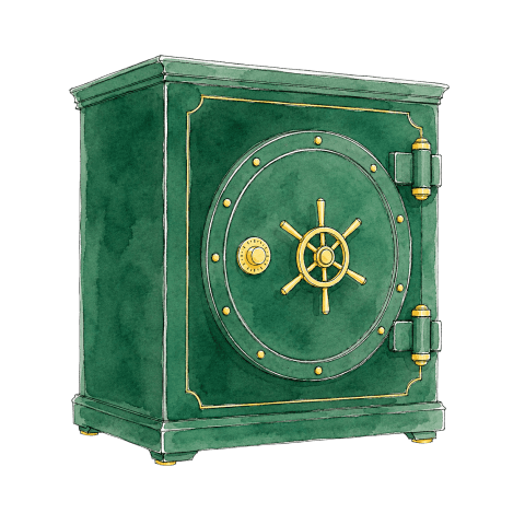 Watercolour illustration of a dark green safe with a brass wheel handle