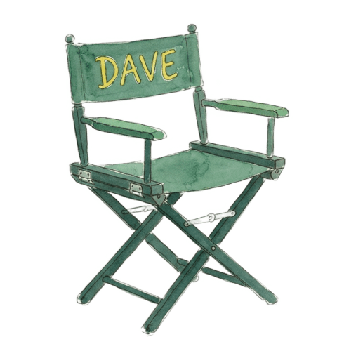 Watercolour illustration of a dark green folding director’s chair with “DAVE” painted across its back