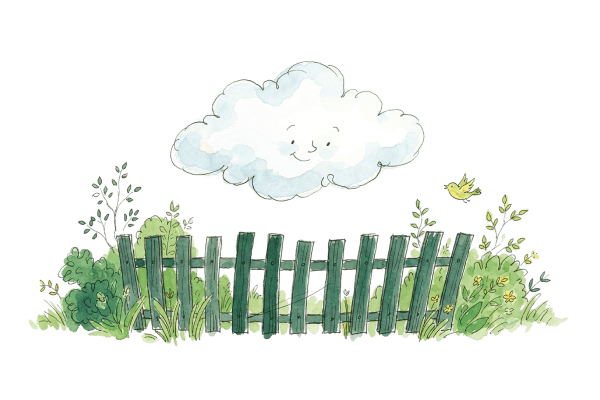 Watercolour illustration of a cloud drifting over a garden fence