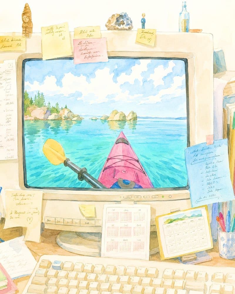 Watercolour illustration of a desktop monitor fringed with sticky notes and paper calendars, its screen filled with the view forward from a kayak on an open lake