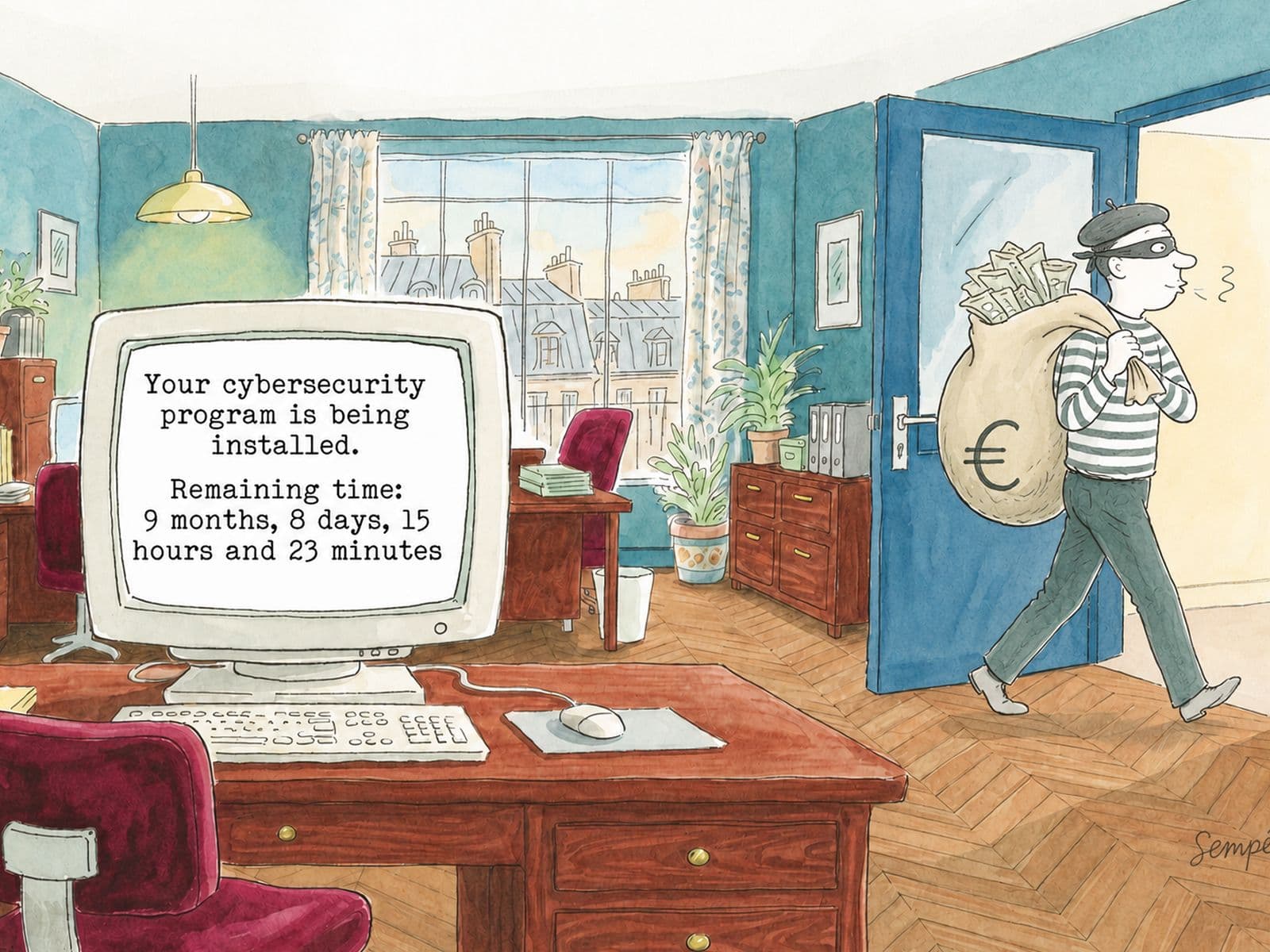 Watercolour illustration of a Parisian office where a boxy desktop computer reports nine months remaining on a security install while a masked thief strolls out with a sack of euros