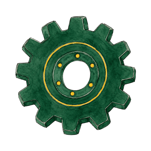 Watercolour illustration of a dark green cog