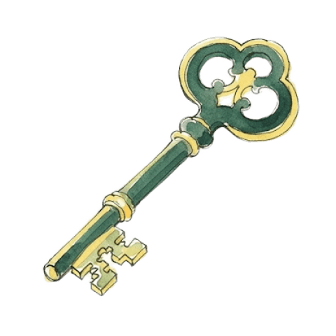 Watercolour illustration of an ornate dark green key with a gold trefoil bow