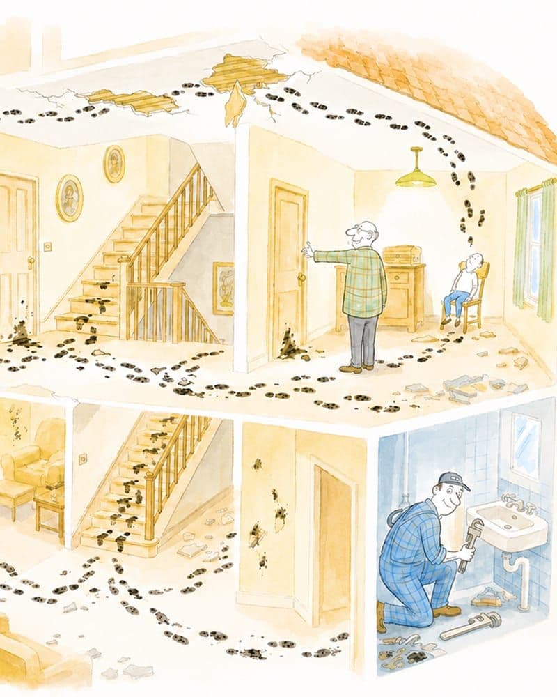 Watercolour illustration of a cutaway house with muddy footprints tracked through every room while a plumber works under the bathroom sink