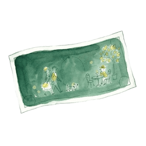 Watercolour illustration of a dark green banknote, a couple walking a dog and a pair at a café table printed across it in gold