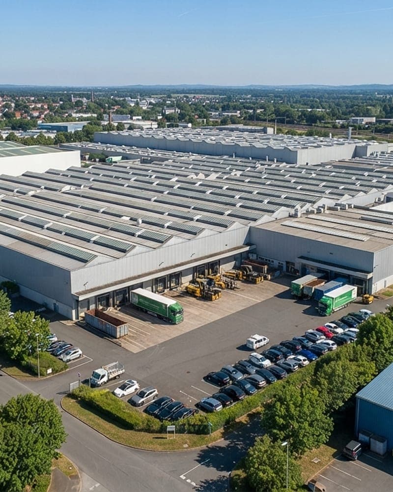 Aerial view of a manufacturing plant, its long white-roofed halls set against open countryside