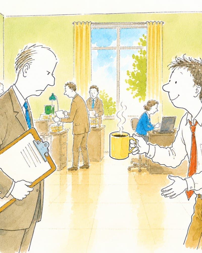 Watercolour illustration of an auditor holding a clipboard meeting a relaxed colleague with a mug of coffee in a sunlit office
