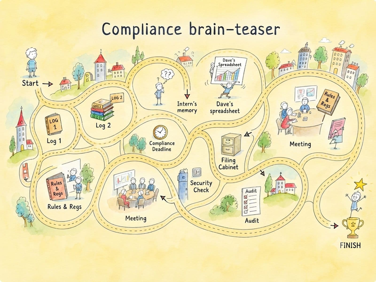 Watercolour illustration of a board game called “Compliance brain-teaser”, its winding path running from Start past scattered logs, spreadsheets and filing cabinets to Finish