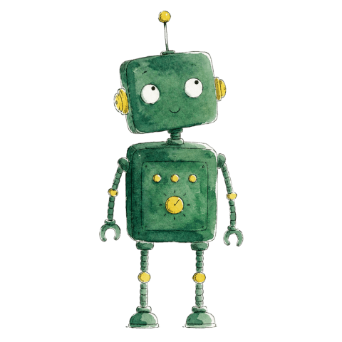 Watercolour illustration of a green robot
