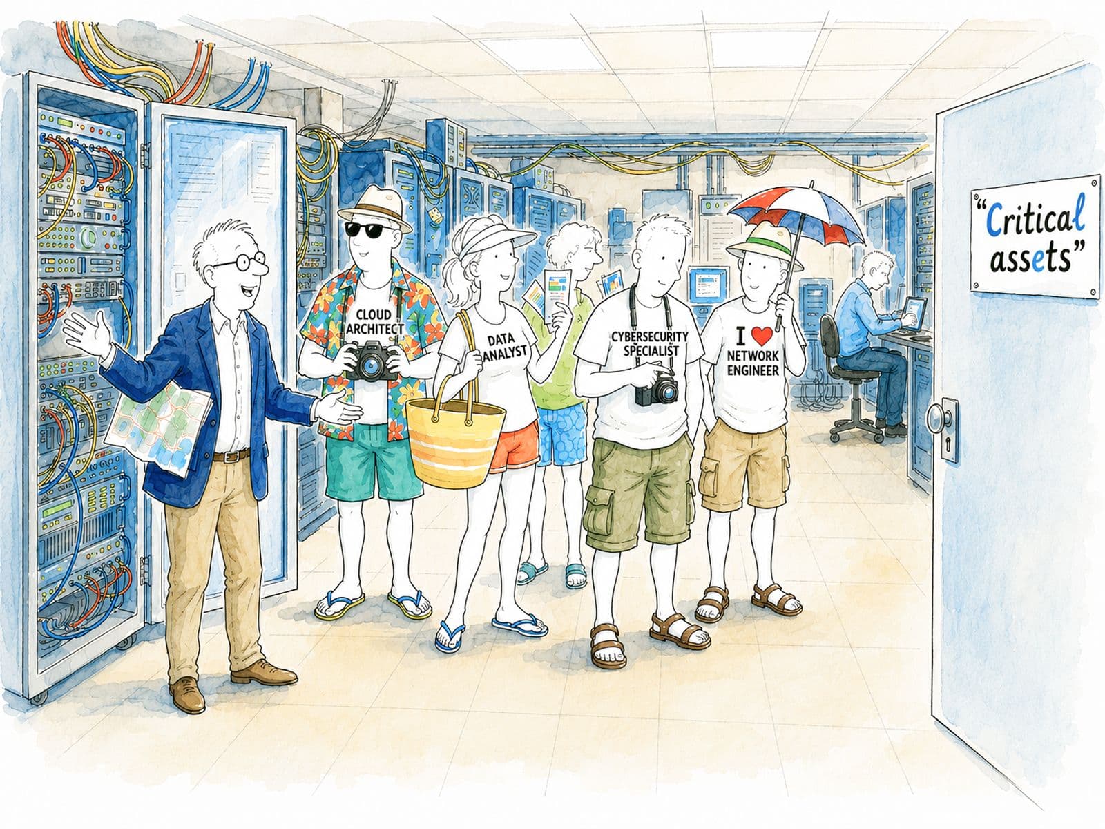 Watercolour illustration of a guide leading holidaymakers in job-title T-shirts on a tour of a server room, past a door marked “Critical assets”
