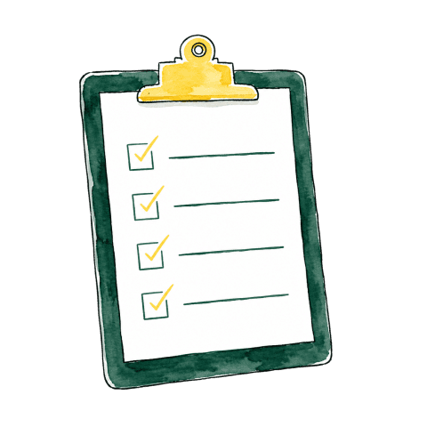 Watercolour illustration of a dark green clipboard holding a ticked checklist
