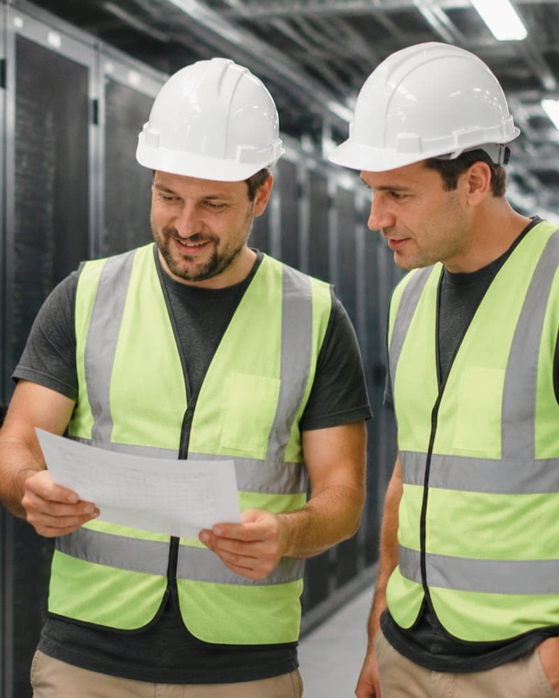 Two technicians in hard hats and high-visibility vests reviewing a printout in a server room aisle