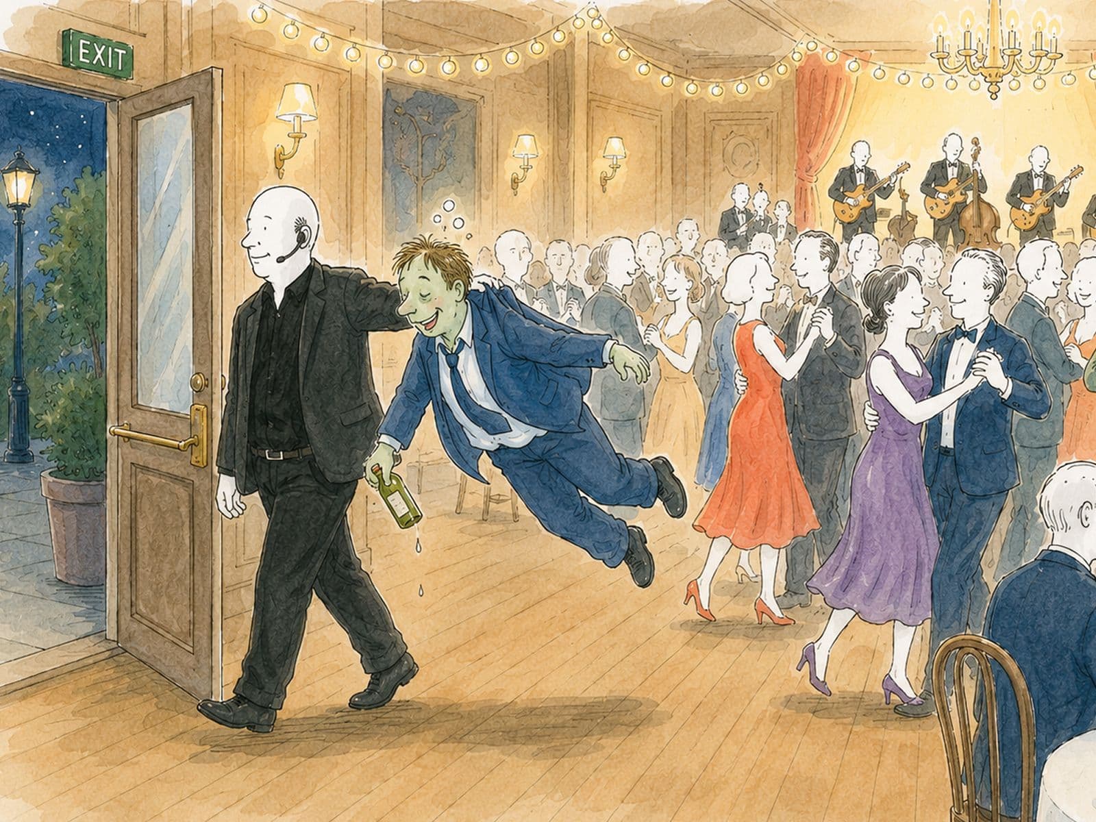 Watercolour illustration of a doorman walking a tipsy gatecrasher out of a ballroom mid-party, before he reaches the dancers