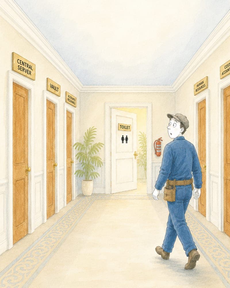 Watercolour illustration of a workman walking a corridor of closed doors labelled Board Meeting Room, Central Server and Vault