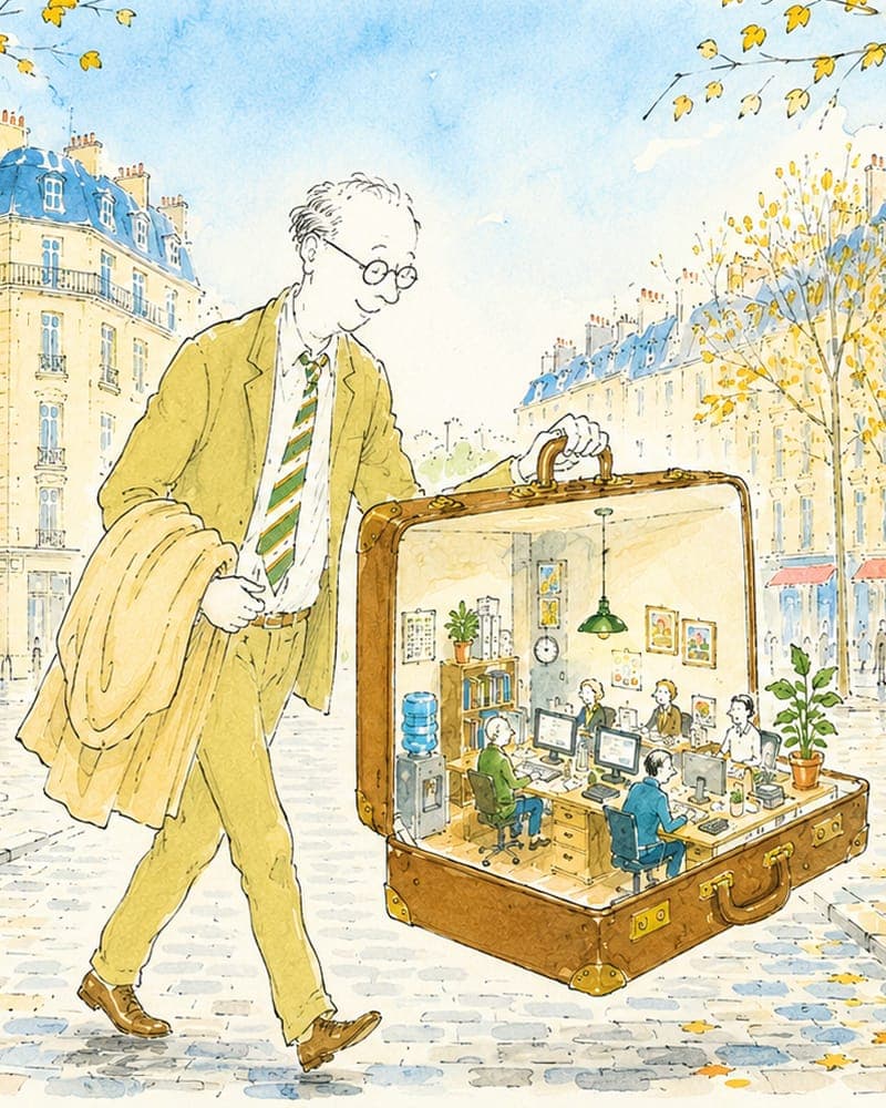 Watercolour illustration of a commuter on a Paris street carrying a suitcase that holds a whole open-plan office