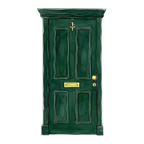 Watercolour illustration of a dark green panelled front door