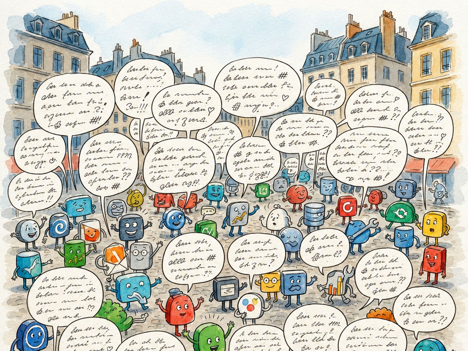 Watercolour illustration of a Paris square crowded with cartoon screens, servers and databases, each shouting its own version of events in a speech bubble