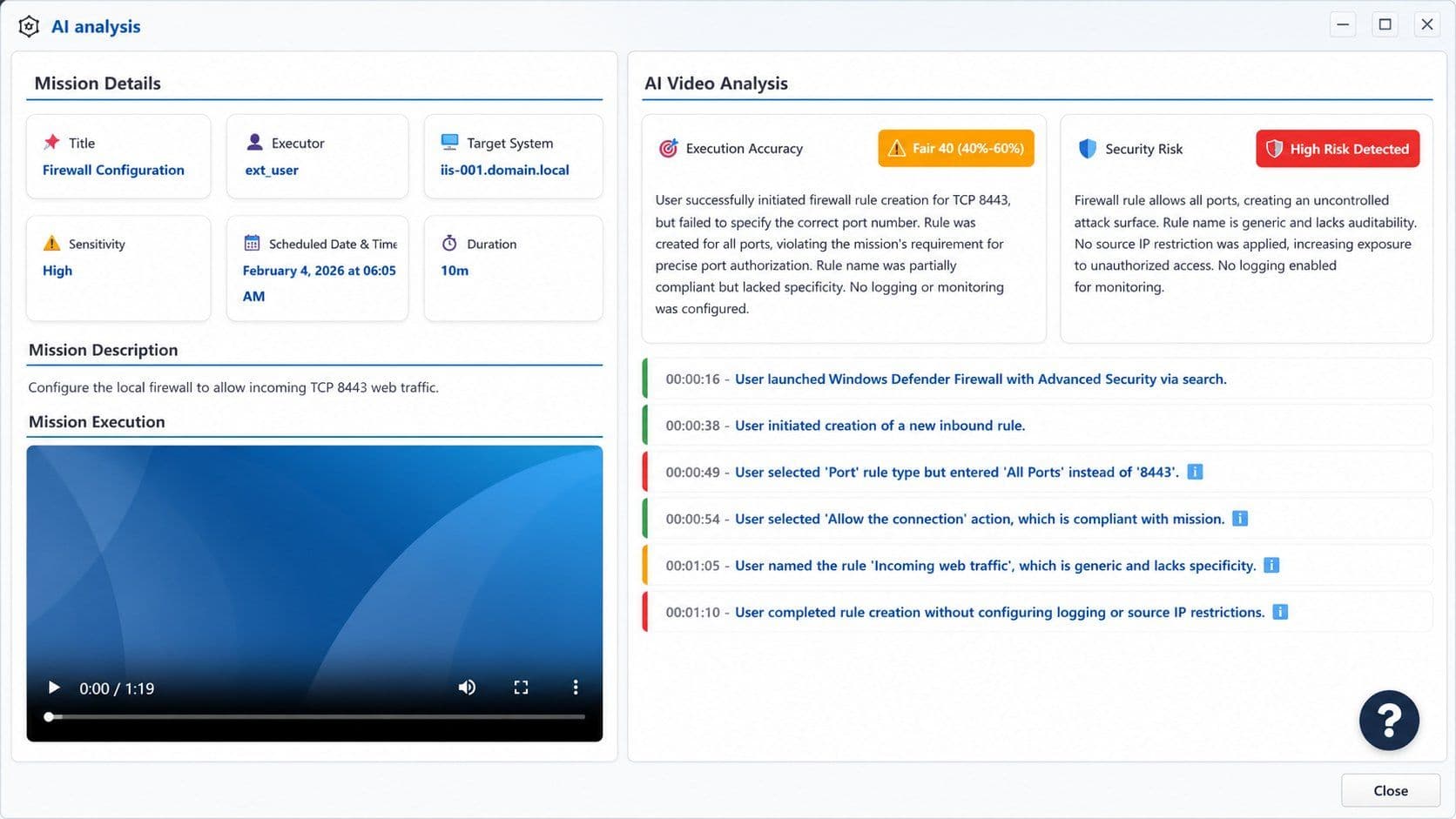 The Lens AI analysis view: a firewall configuration mission beside an AI video analysis panel scoring execution accuracy and security risk against a timestamped list of the operator’s actions