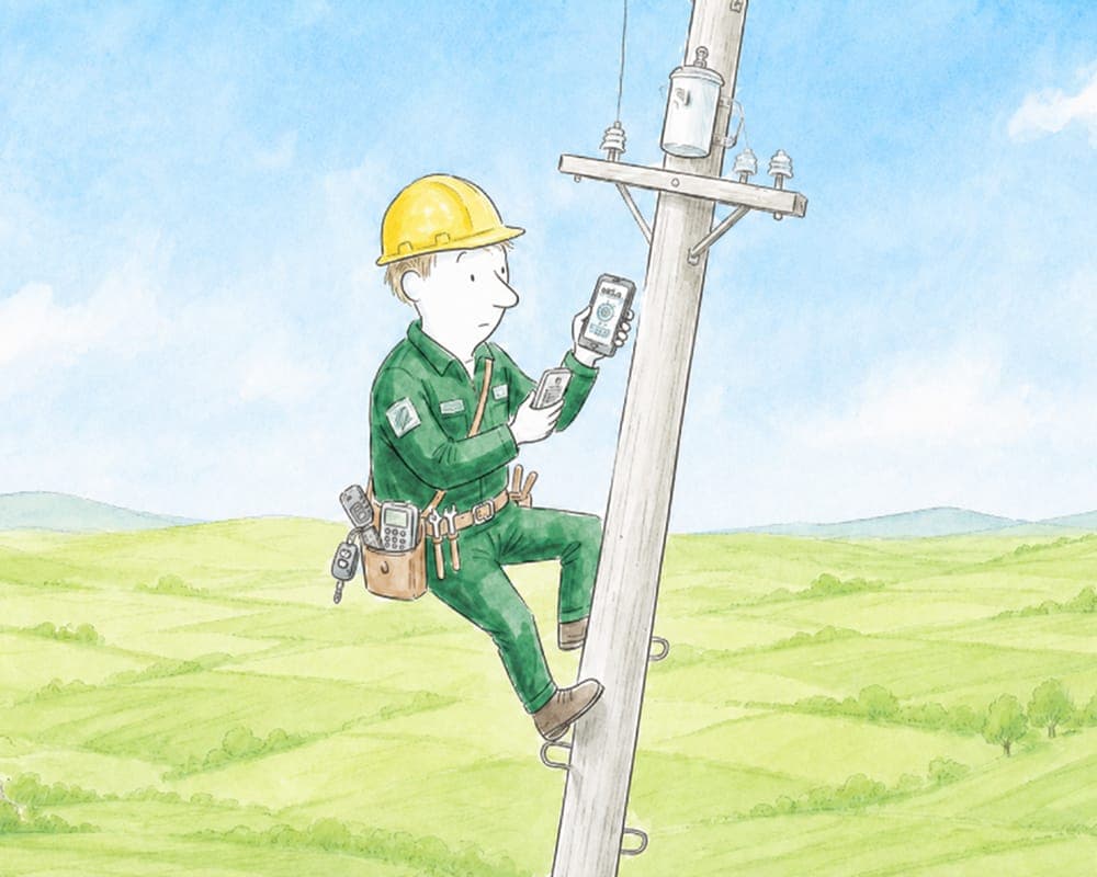 Watercolour illustration of an engineer scaling a utility pole in open countryside