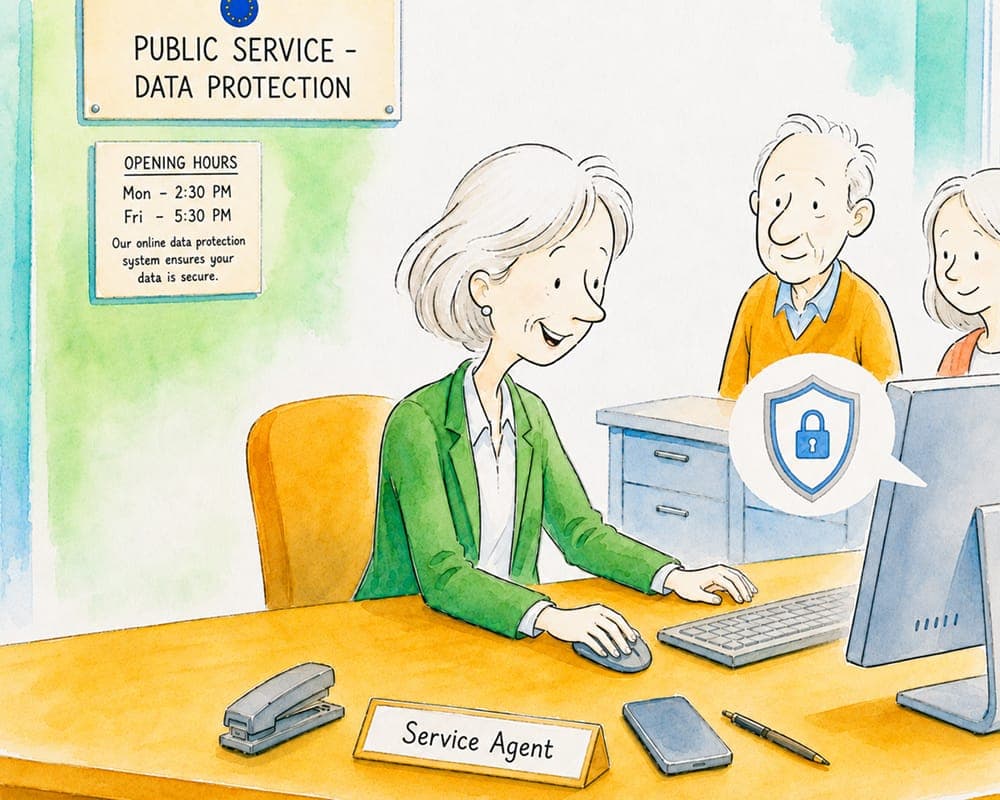 Watercolour illustration of a public-service desk agent helping citizens