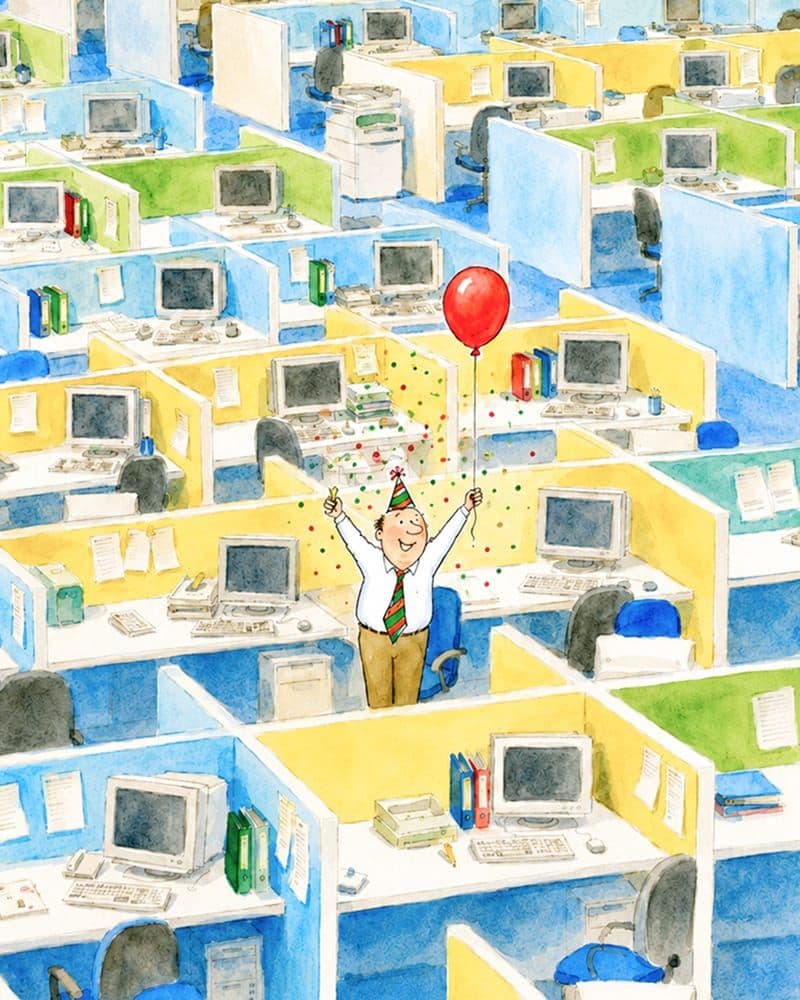 Watercolour illustration of an office of identical cubicles where one worker in a party hat celebrates alone with a balloon and confetti