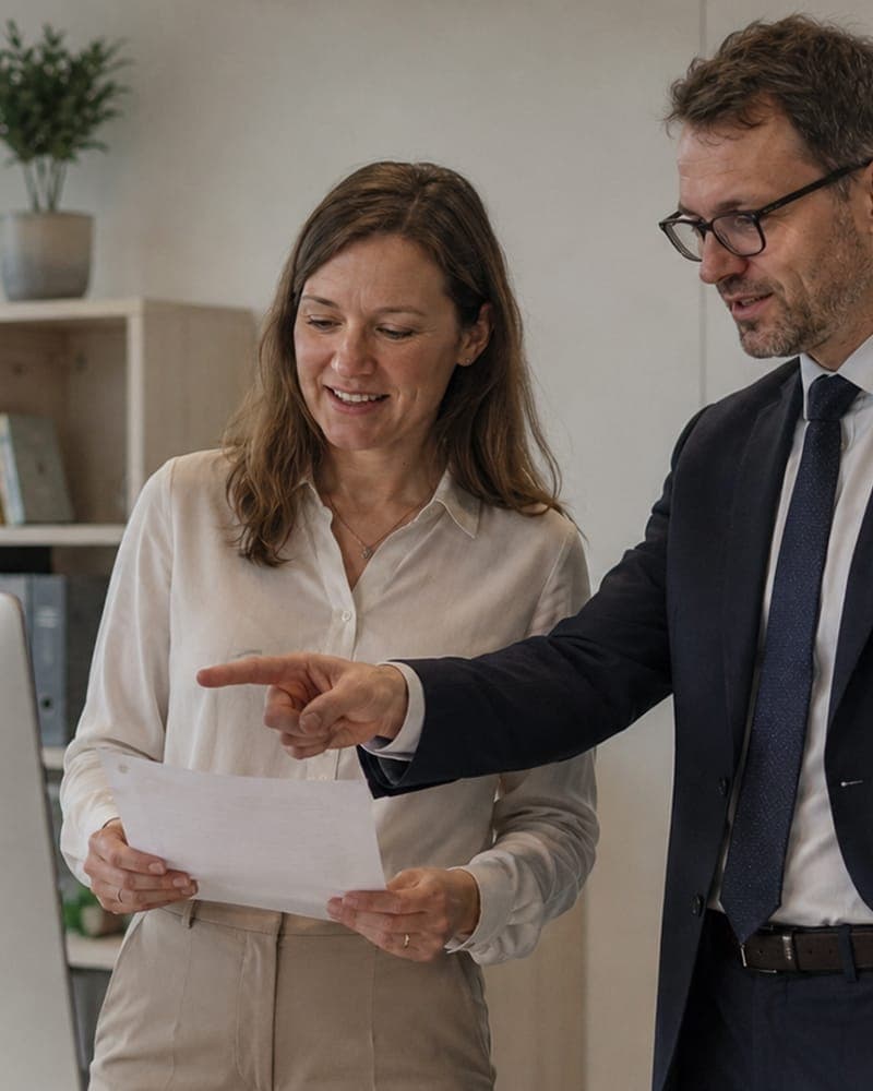 Two business professionals reviewing a printed report together in an office