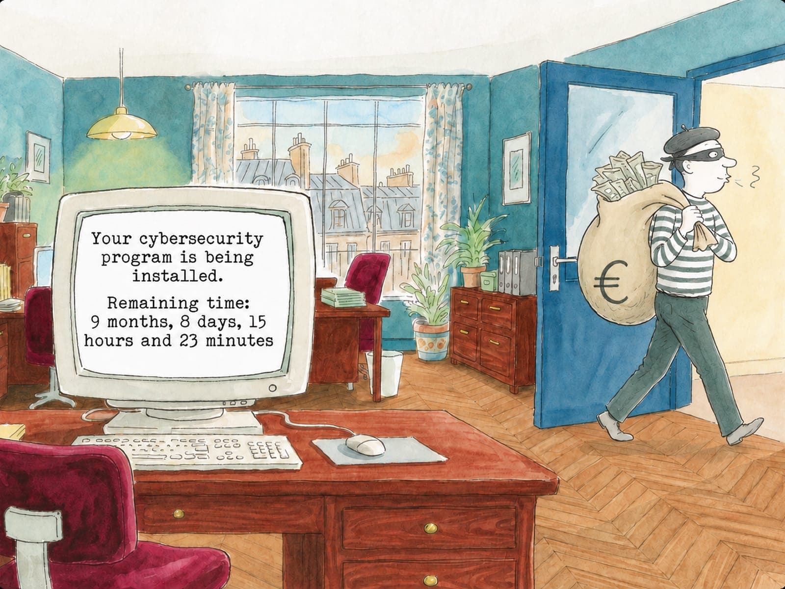 Watercolour illustration of a Parisian office where a boxy desktop computer reports nine months remaining on a security install while a masked thief strolls out with a sack of euros