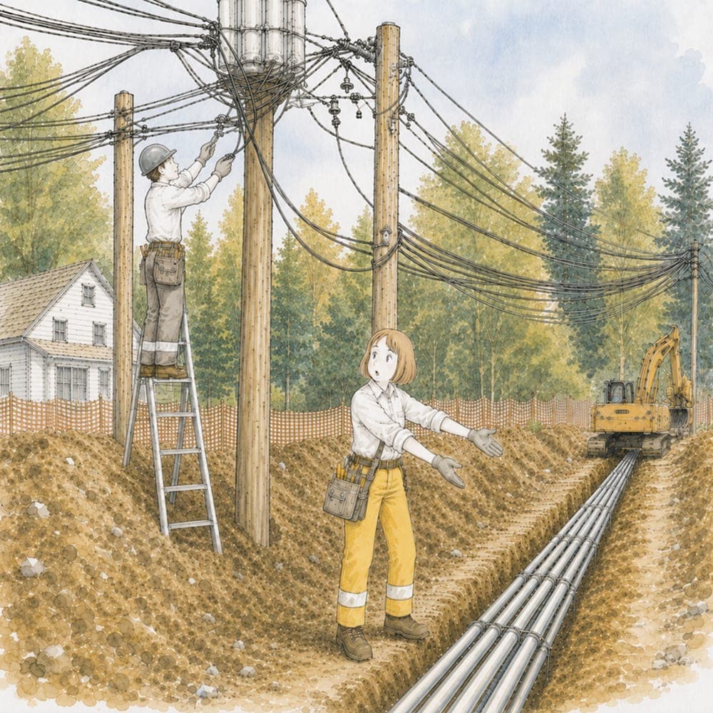 Watercolour illustration of a worker untangling overhead cabling beside a trench of network pipes