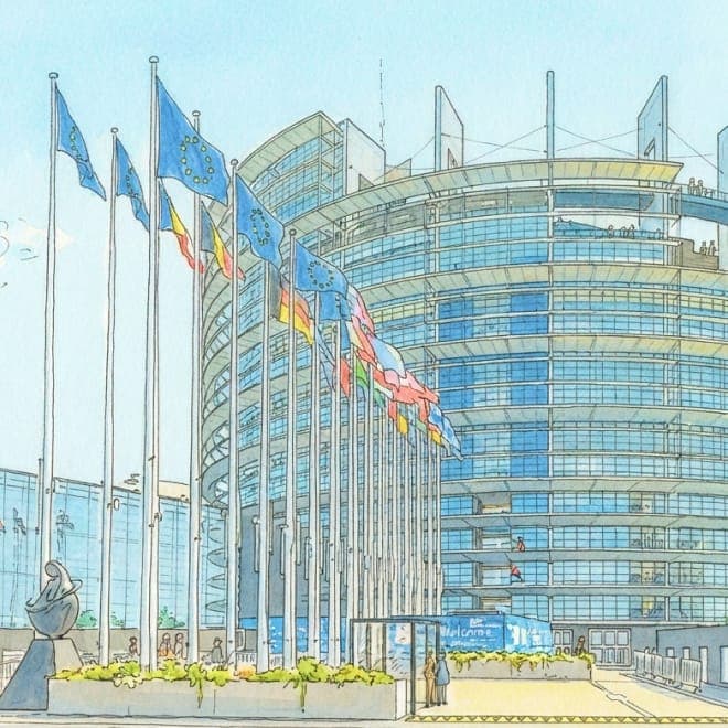 Watercolour illustration of the European Parliament building ringed by EU member-state flags
